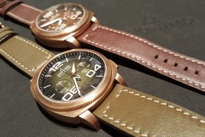 Twenty years of Anonimo lead to two Militare Alpini Camouflage chromosome in bronze in a limited edition of 97 each. Brown or green guilloche camo dial and matching Made in Firenze leather strap.